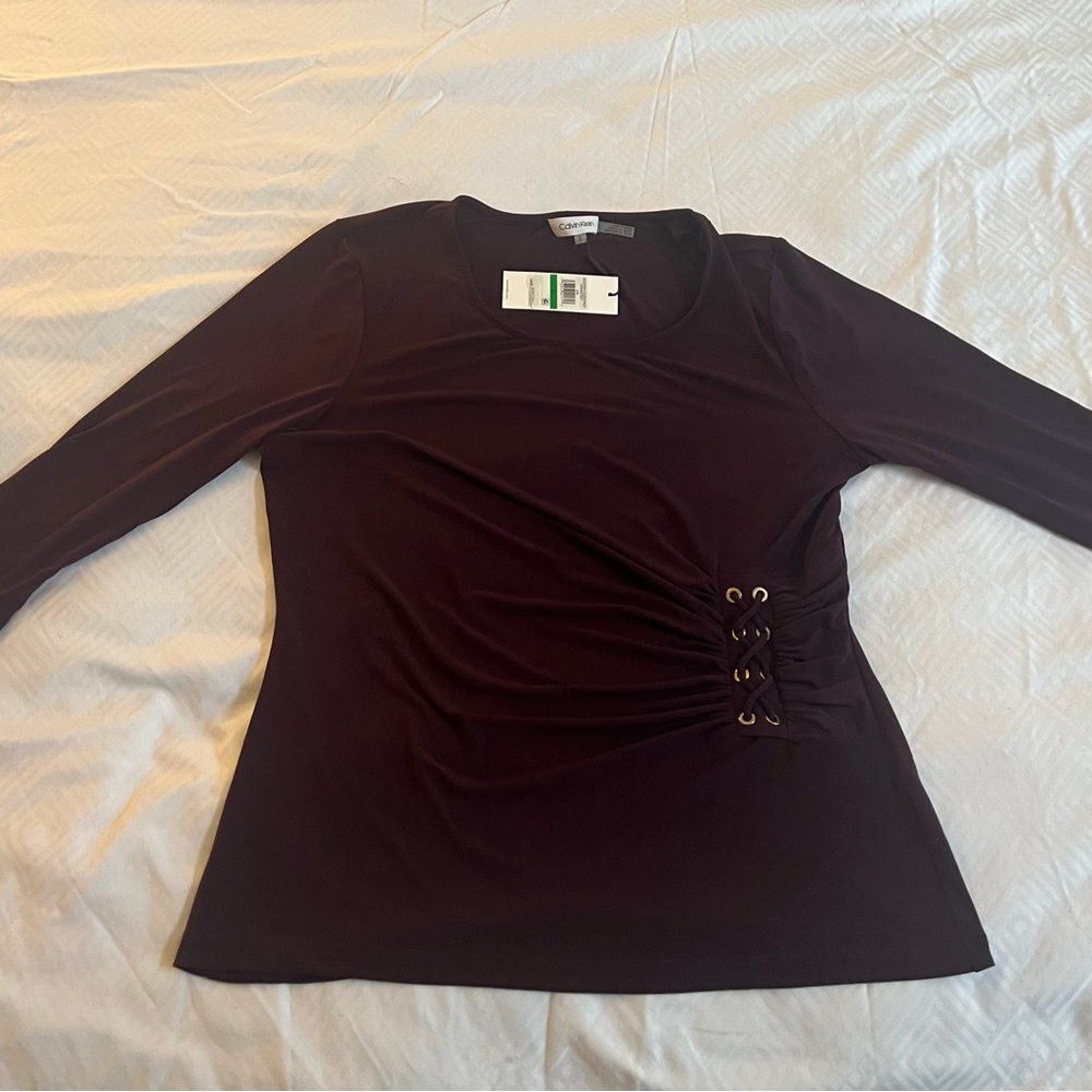 Calvin Klein Maroon Lace-Up Long Sleeve Top